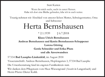 Traueranzeige von Herta Bernshausen von Siegener Zeitung
