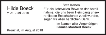 Traueranzeige von Hilde Boeck von Siegener Zeitung