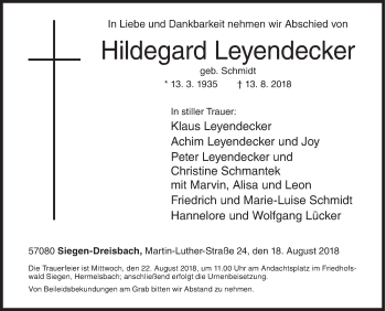 Traueranzeige von Hildegard Leyendecker von Siegener Zeitung