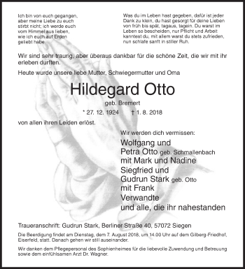 Traueranzeige von Hildegard Otto von Siegener Zeitung