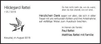Traueranzeige von Hildegard Rattei von Siegener Zeitung