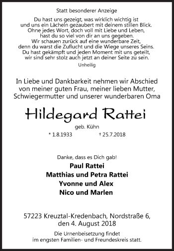 Traueranzeige von Hildegard Rattei von Siegener Zeitung