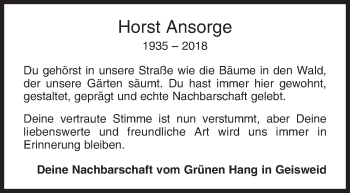 Traueranzeige von Horst Ansorge von Siegener Zeitung