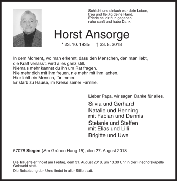 Traueranzeige von Horst Ansorge von Siegener Zeitung