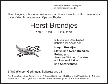Traueranzeige von Horst Brendjes von Siegener Zeitung
