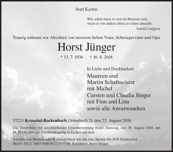 Traueranzeige von Horst Jünger von Siegener Zeitung