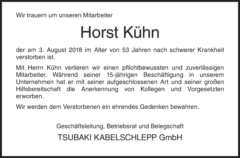  Traueranzeige für Horst Kühn vom 10.08.2018 aus Siegener Zeitung