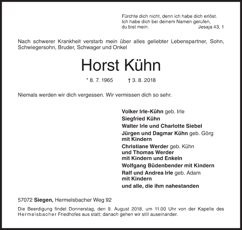  Traueranzeige für Horst Kühn vom 07.08.2018 aus Siegener Zeitung