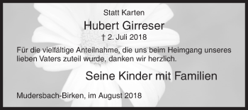 Traueranzeige von Hubert Girreser von Siegener Zeitung