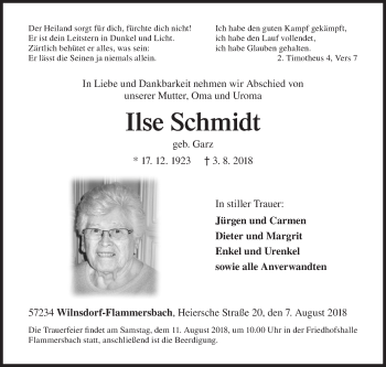 Traueranzeige von Ilse Schmidt von Siegener Zeitung