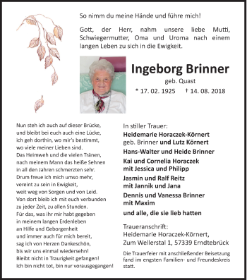 Traueranzeige von Ingeborg Brinner von Siegener Zeitung