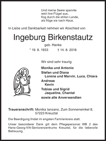 Traueranzeige von Ingeburg Birkenstautz von Siegener Zeitung
