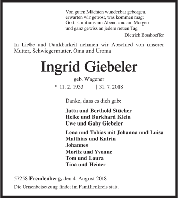 Traueranzeige von Ingrid Giebeler von Siegener Zeitung