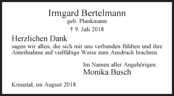 Traueranzeige von Irmgard Bertelmann von Siegener Zeitung