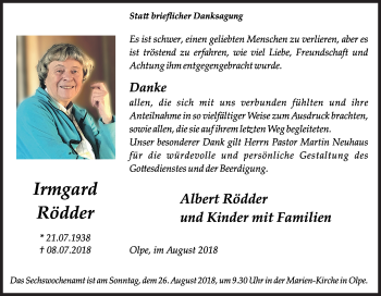 Traueranzeige von Irmgard Rödder von Siegener Zeitung