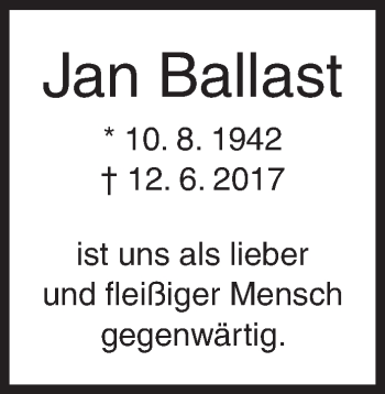 Traueranzeige von Jan Ballast von Siegener Zeitung