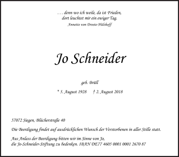 Traueranzeige von Jo Schneider von Siegener Zeitung