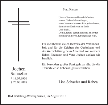 Traueranzeige von Jochen Schaefer von Siegener Zeitung