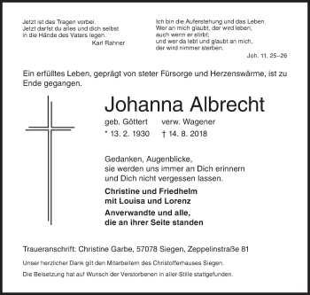 Traueranzeige von Johanna Albrecht von Siegener Zeitung