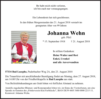 Traueranzeige von Johanna Wehn von Siegener Zeitung