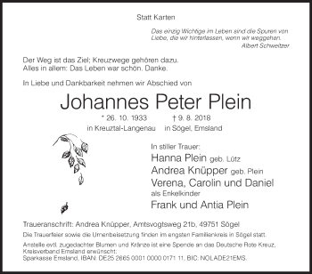 Traueranzeige von Johannes Peter Plein von Siegener Zeitung