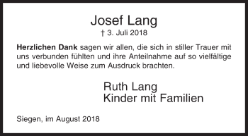Traueranzeige von Josef Lang von Siegener Zeitung