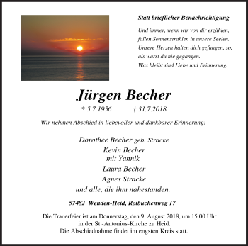 Traueranzeige von Jürgen Becher von Siegener Zeitung