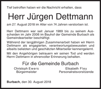 Traueranzeige von Jürgen Dettmann von Siegener Zeitung