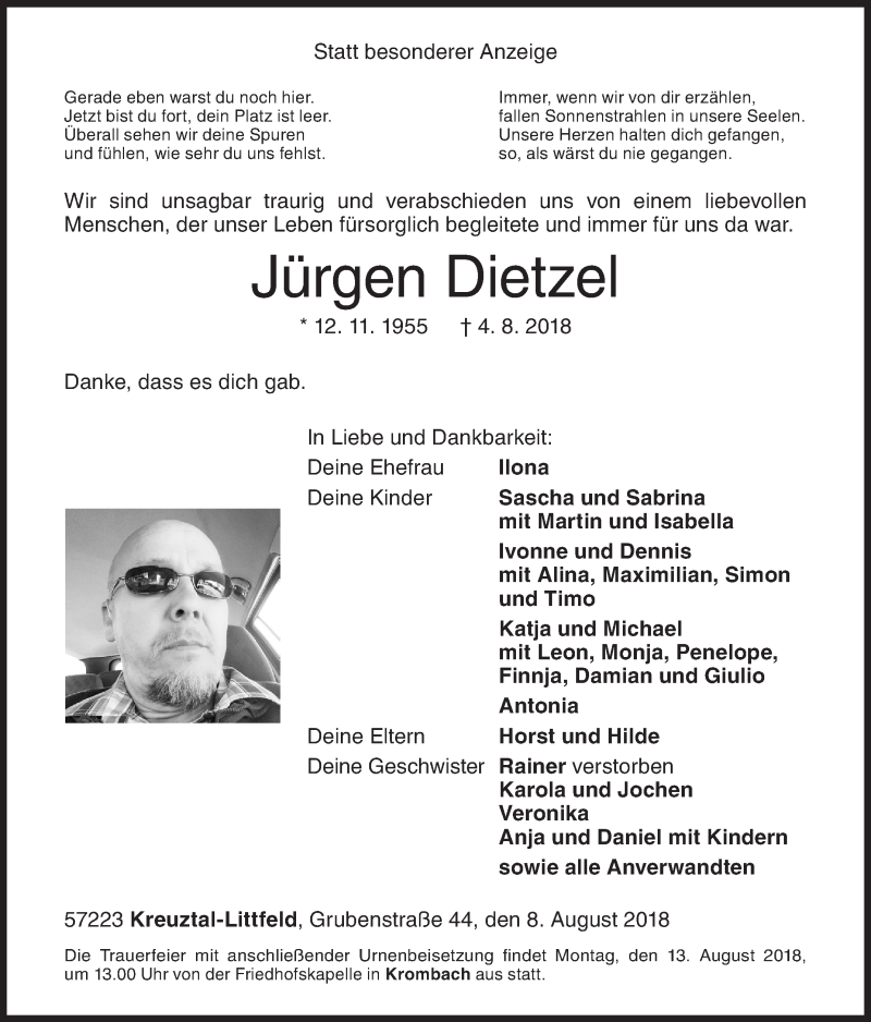  Traueranzeige für Jürgen Dietzel vom 08.08.2018 aus Siegener Zeitung