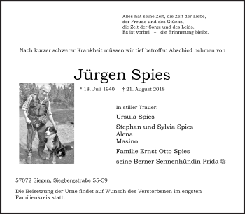 Traueranzeige von Jürgen Spies von Siegener Zeitung