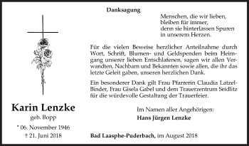 Traueranzeige von Karin Lenzke von Siegener Zeitung