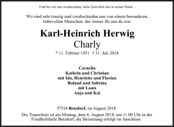 Traueranzeige von Karl-Heinrich Herwig von Siegener Zeitung