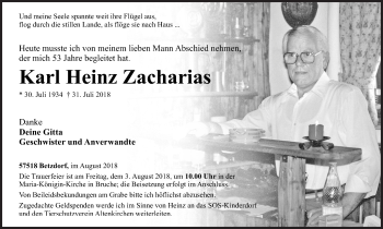 Traueranzeige von Karl Heinz Zacharias von Siegener Zeitung