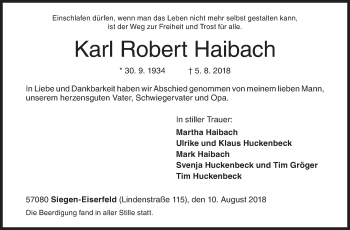 Traueranzeige von Karl Robert Haibach von Siegener Zeitung