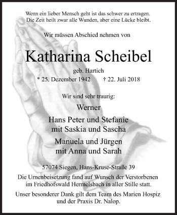 Traueranzeige von Katharina Scheibel von Siegener Zeitung