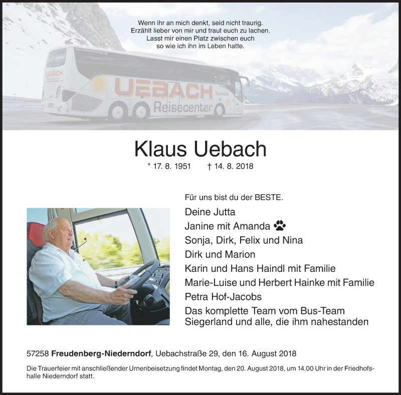  Traueranzeige für Klaus Uebach vom 16.08.2018 aus Siegener Zeitung