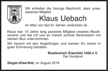 Traueranzeige von Klaus Uebach von Siegener Zeitung