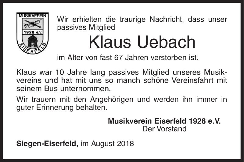  Traueranzeige für Klaus Uebach vom 31.08.2018 aus Siegener Zeitung