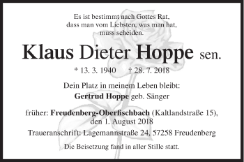 Traueranzeige von Klaus Dieter Hoppe von Siegener Zeitung