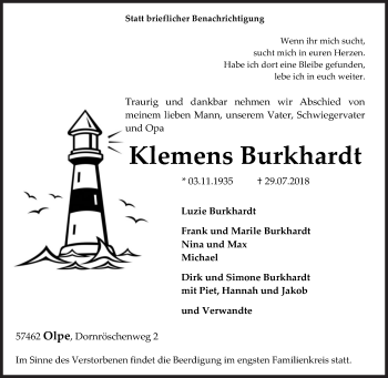 Traueranzeige von Klemens Burkhardt von Siegener Zeitung