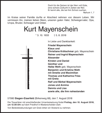 Traueranzeige von Kurt Mayenschein von Siegener Zeitung