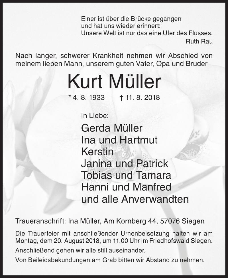  Traueranzeige für Kurt Müller vom 14.08.2018 aus Siegener Zeitung