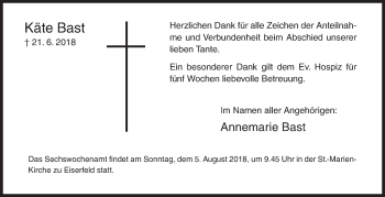 Traueranzeige von Käte Bast von Siegener Zeitung