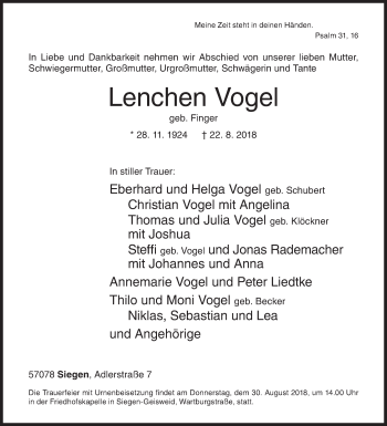 Traueranzeige von Lenchen Vogel von Siegener Zeitung