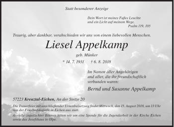 Traueranzeige von Liesel Appelkamp von Siegener Zeitung