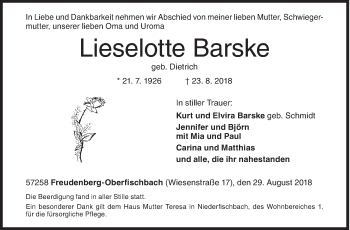 Traueranzeige von Lieselotte Barske von Siegener Zeitung