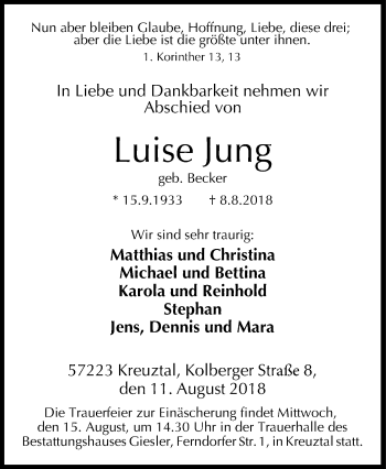 Traueranzeige von Luise Jung von Siegener Zeitung