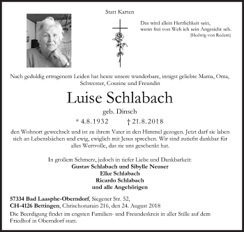 Traueranzeige von Luise Schlabach von Siegener Zeitung