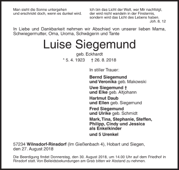 Traueranzeige von Luise Siegemund von Siegener Zeitung