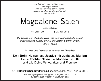 Traueranzeige von Magdalene Saleh von Siegener Zeitung